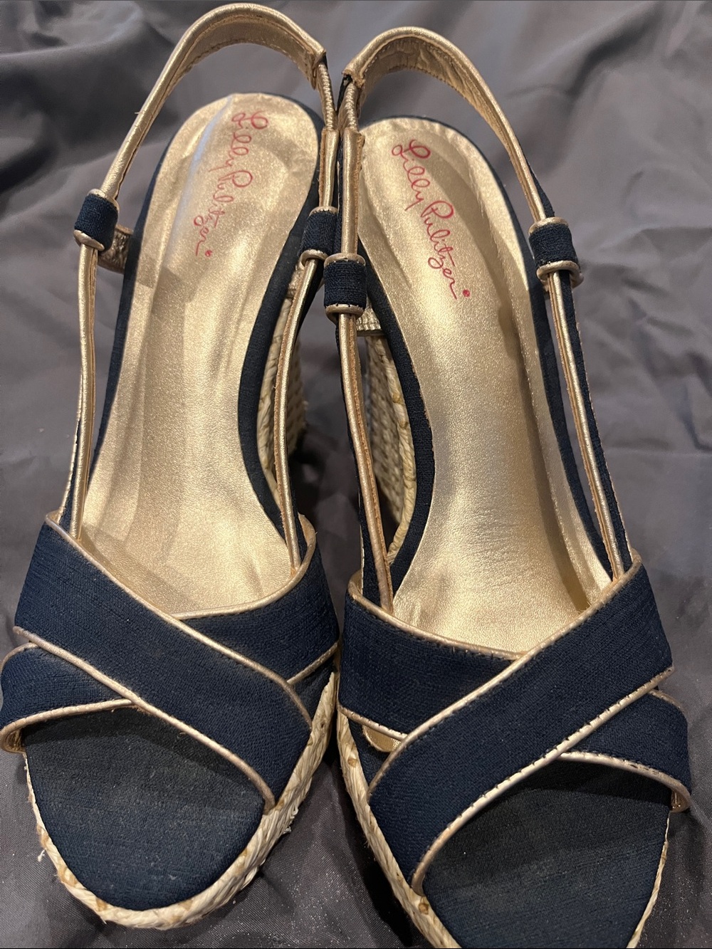 Lilly Pulitzer Navy and Gold Wedge Espadrille Slingbacks